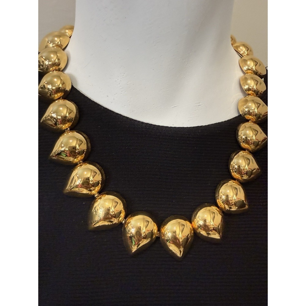 Vintage Liz Claiborne Gold Tone Chunky Puff Heart Choker Statement Necklace - Picture 2 of 13
